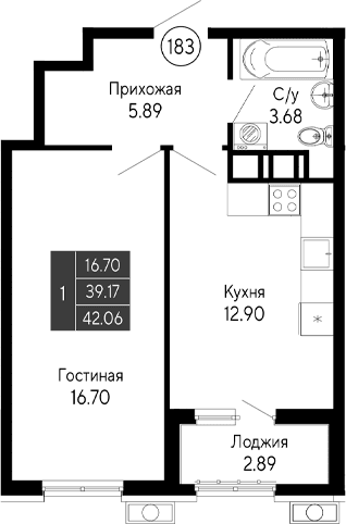 1-комн., 39.17 м²