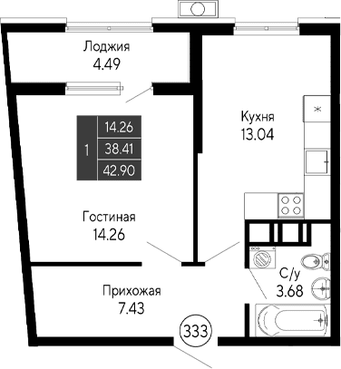 1-комн., 38.41 м²