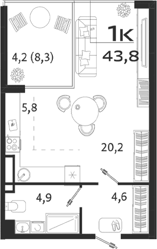 Студия, 35.5 м²