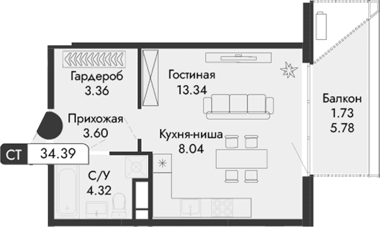 Студия, 32.66 м²