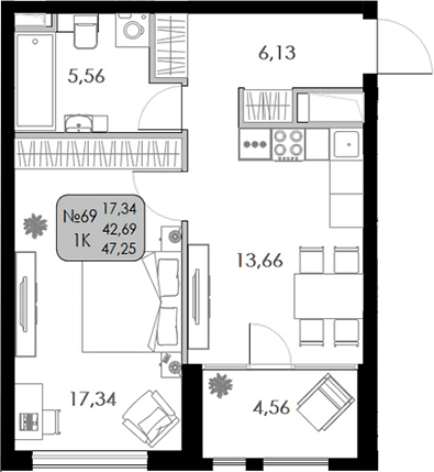 1-комн., 42.69 м²