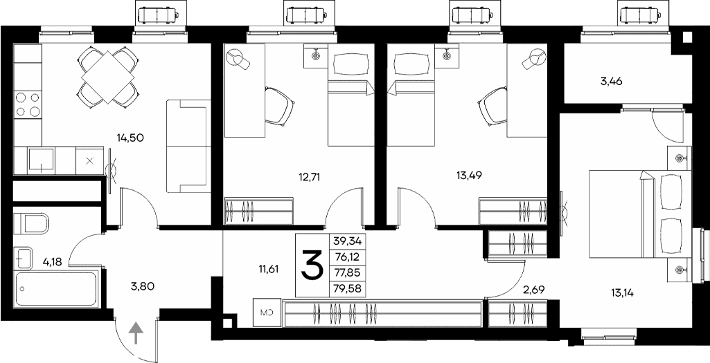 3-комн., 76.12 м²