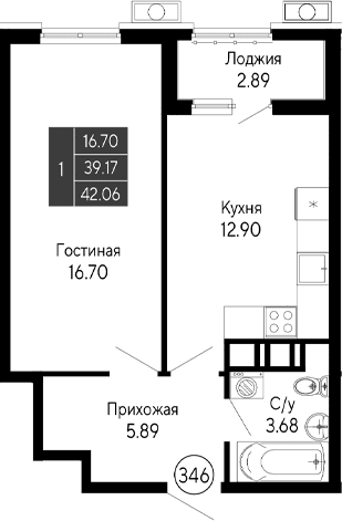 1-комн., 39.17 м²