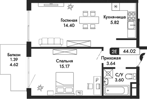 2-комн., 42.63 м²