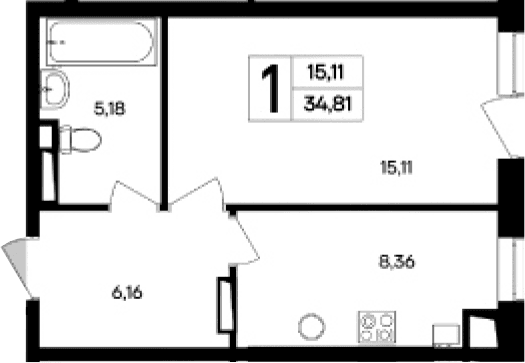 1-комн., 34.81 м²