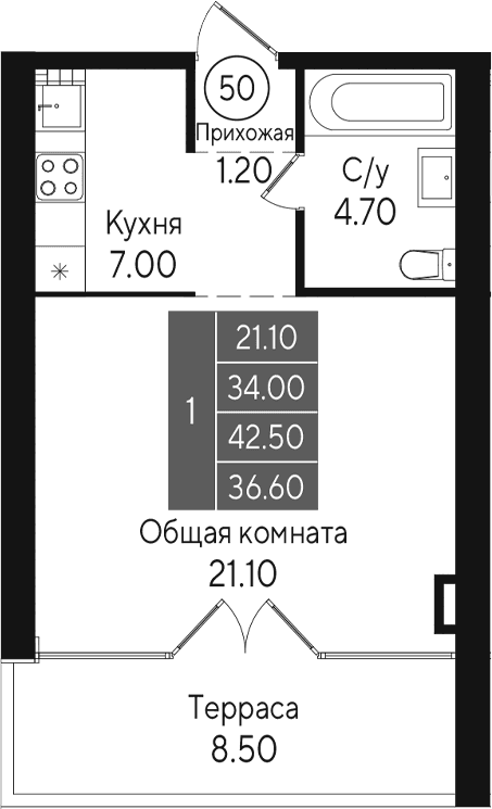 Студия, 34 м²