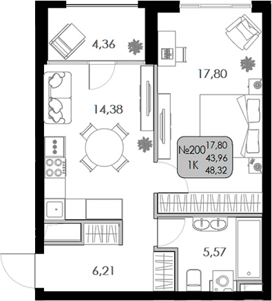 1-комн., 43.96 м²
