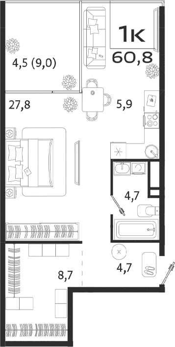 Студия, 51.8 м²