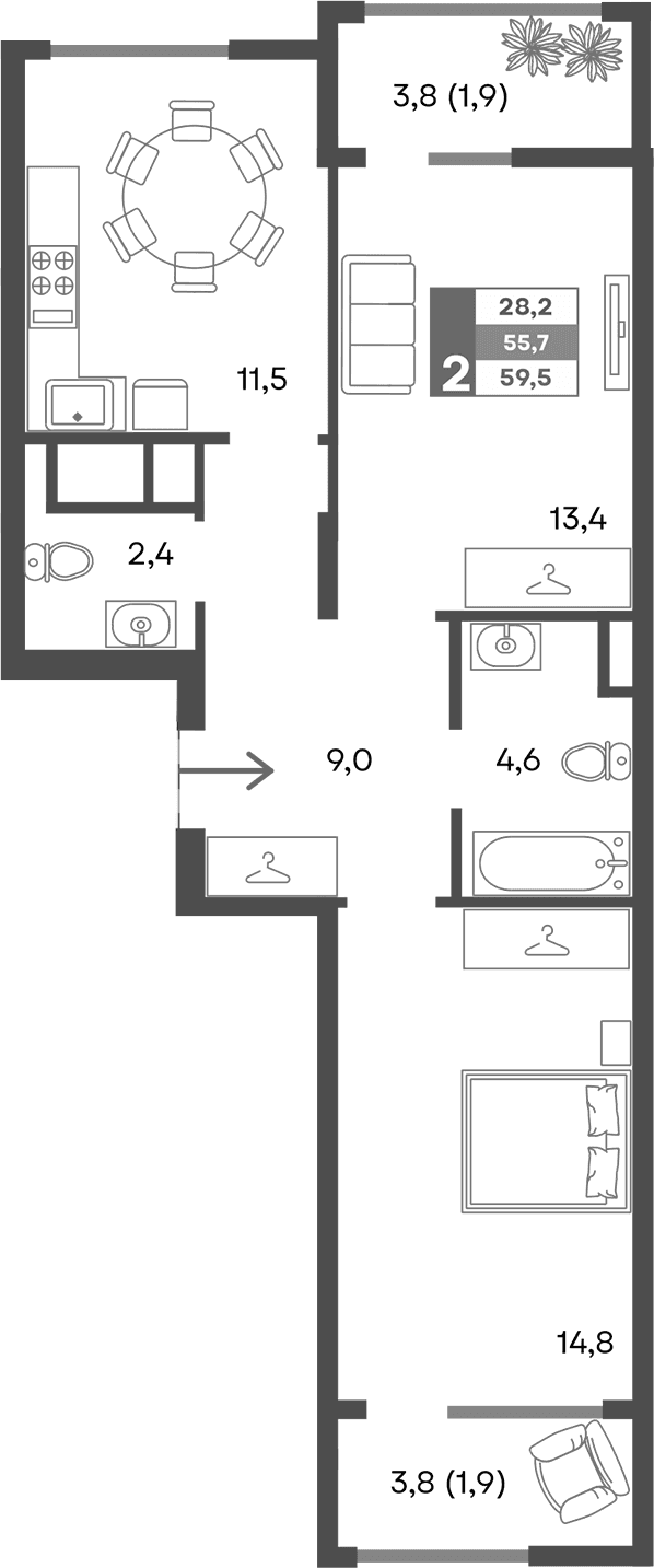 2-комн., 55.7 м²