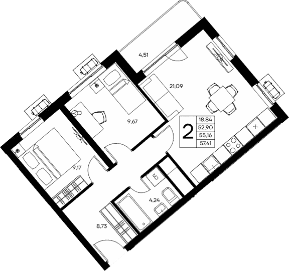 2-комн., 52.9 м²
