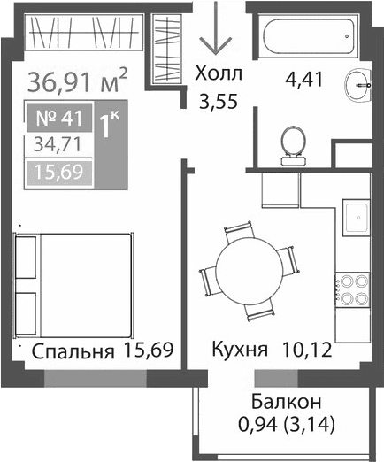 1-комн., 33.77 м²