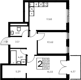 2-комн., 63.29 м²