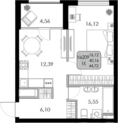 1-комн., 40.16 м²