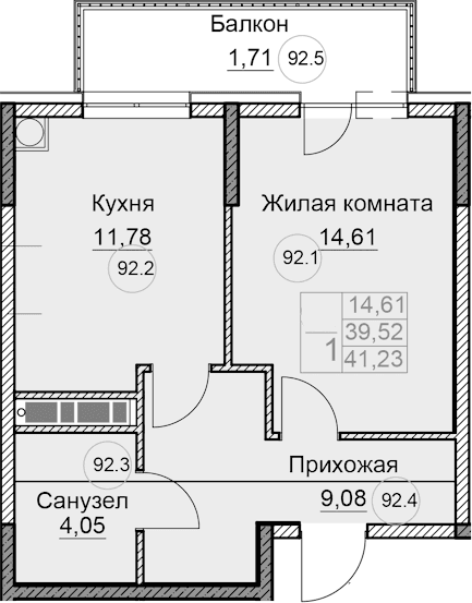 1-комн., 39.52 м²