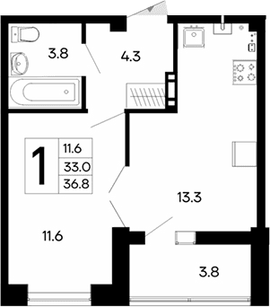 1-комн., 33 м²