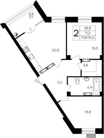 2-комн., 74.5 м²