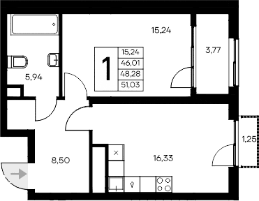 1-комн., 46.01 м²