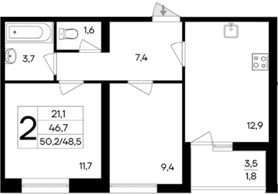 2-комн., 46.6 м²