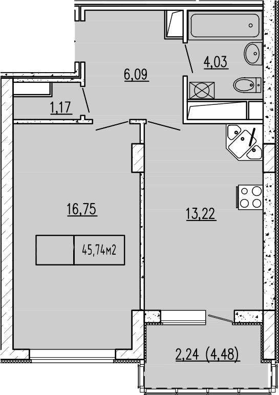 1-комн., 41.26 м²
