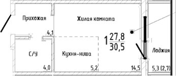 Студия, 27.8 м²