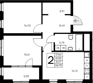 2-комн., 61.55 м²