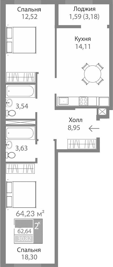 2-комн., 61.05 м²