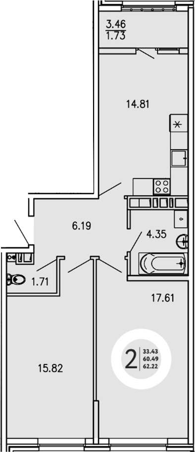 2-комн., 60.49 м²