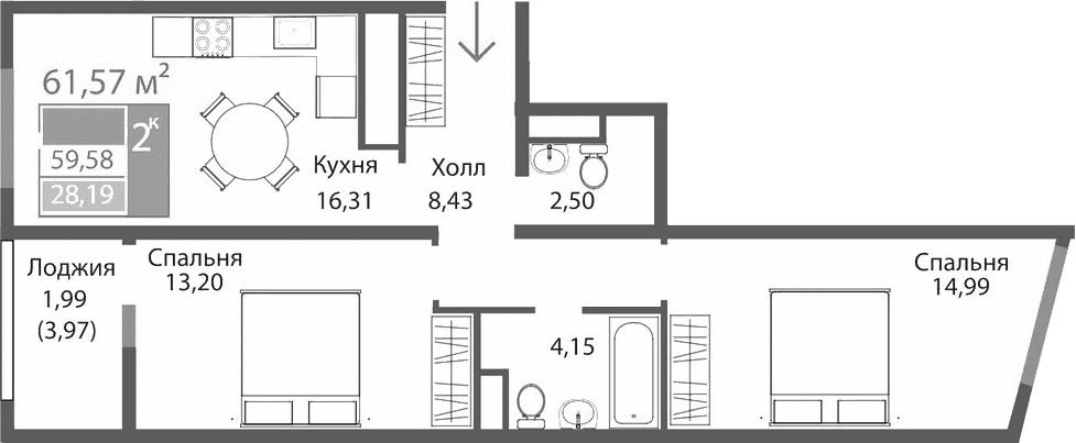 2-комн., 59.58 м²