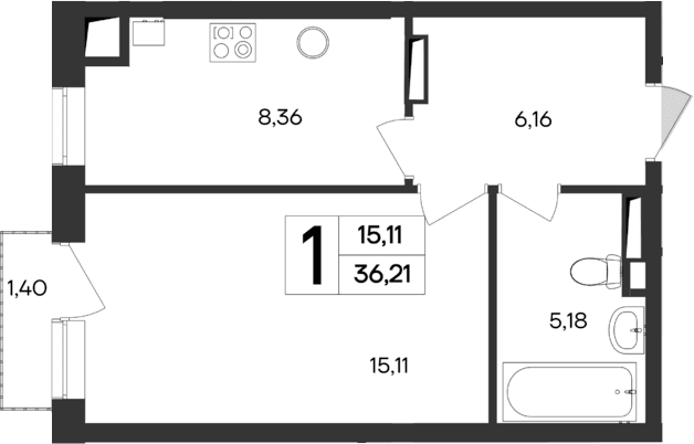 1-комн., 34.81 м²