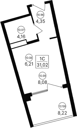 Студия, 22.8 м²