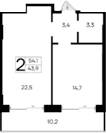 1-комн., 43.9 м²