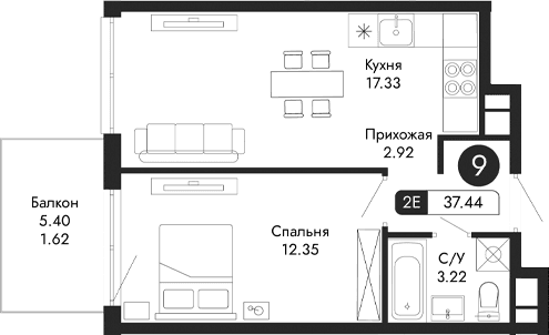2-комн., 35.82 м²