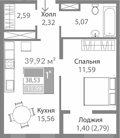 1-комн., 37.13 м²