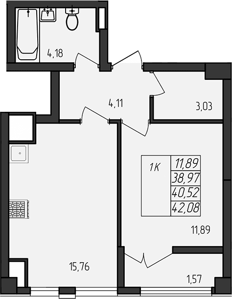 1-комн., 38.95 м²