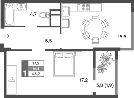 1-комн., 41.8 м²