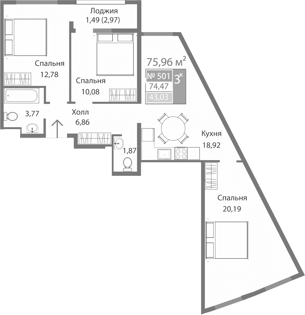 3-комн., 74.47 м²