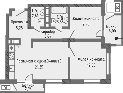 3-комн., 58.45 м²