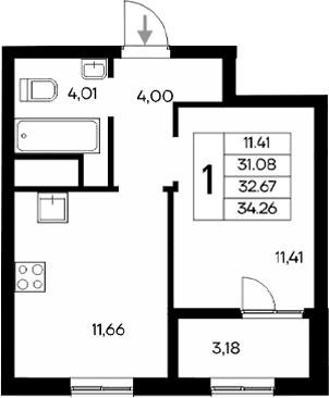 1-комн., 31.08 м²