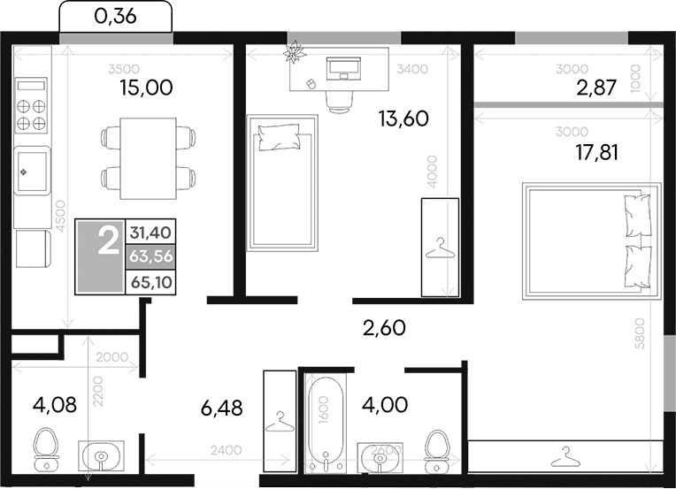 2-комн., 63.55 м²