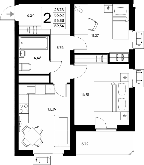 2-комн., 53.62 м²