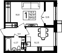 1-комн., 34.11 м²