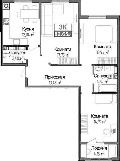 3-комн., 76.42 м²
