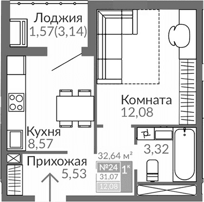 1-комн., 29.5 м²