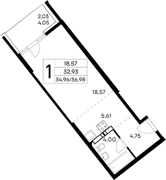Студия, 34.95 м²