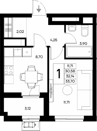 1-комн., 30.58 м²