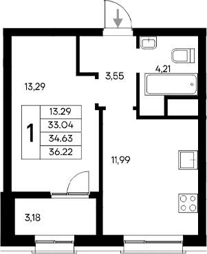 1-комн., 33.04 м²