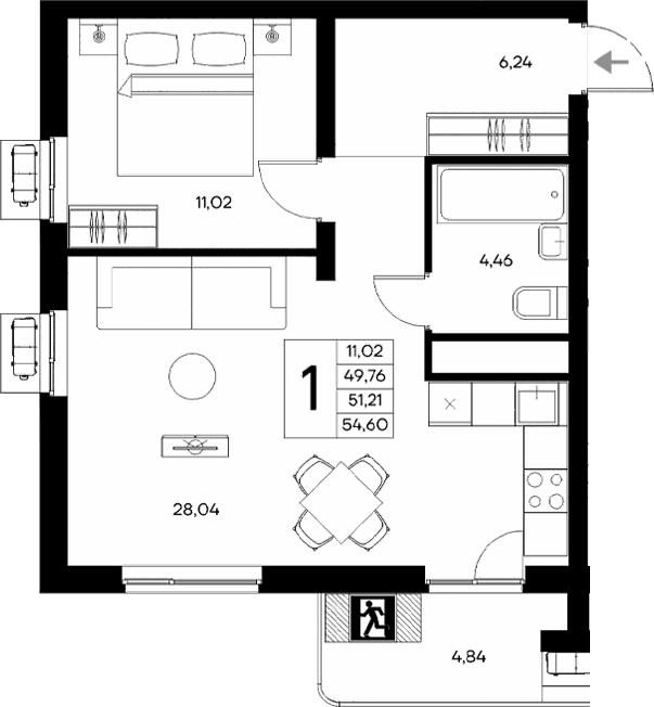 1-комн., 49.76 м²