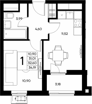 1-комн., 31.01 м²