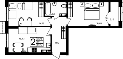 2-комн., 58.77 м²