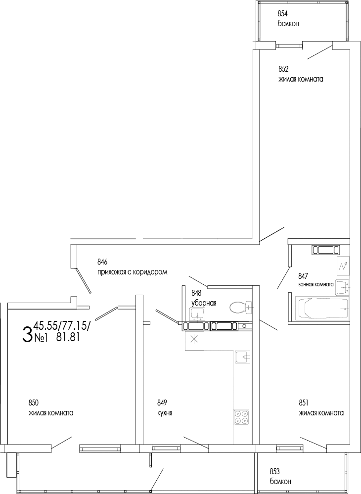3-комн., 77.15 м²
